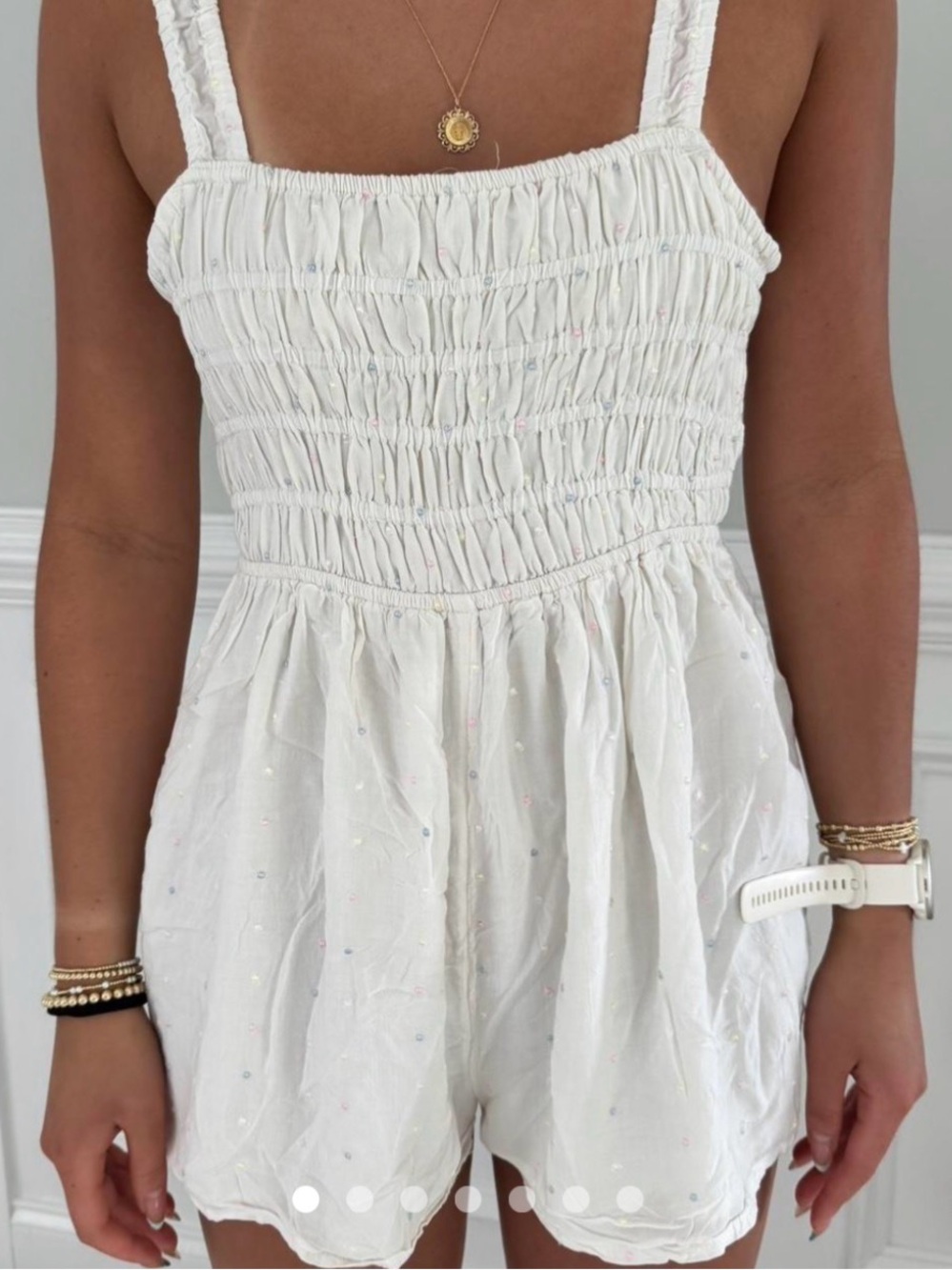NWOT UO Cleo Smocked Romper in "Cream Pastel Polka Dot"